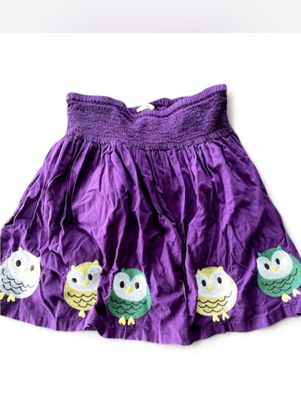 Mini Boden Girls  Purple Smocked Waist Owl Skirt Embroidered size 13-14